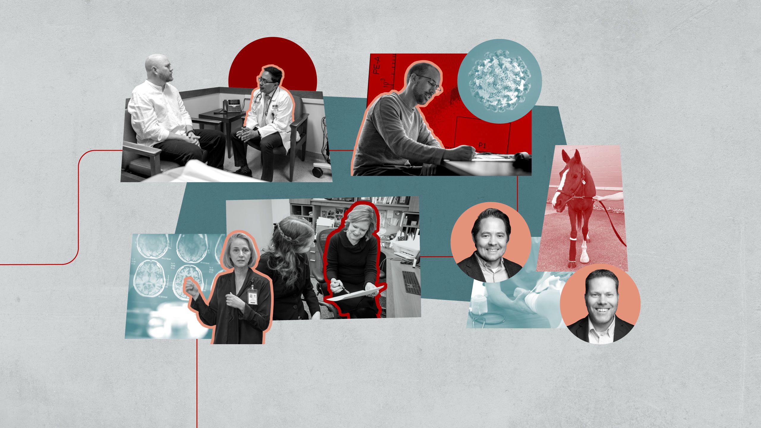 Collage showing people collaborating with technology in different settings, including doing a sleep related test at a computer, working with digital displays, and reviewing materials in a lab environment.