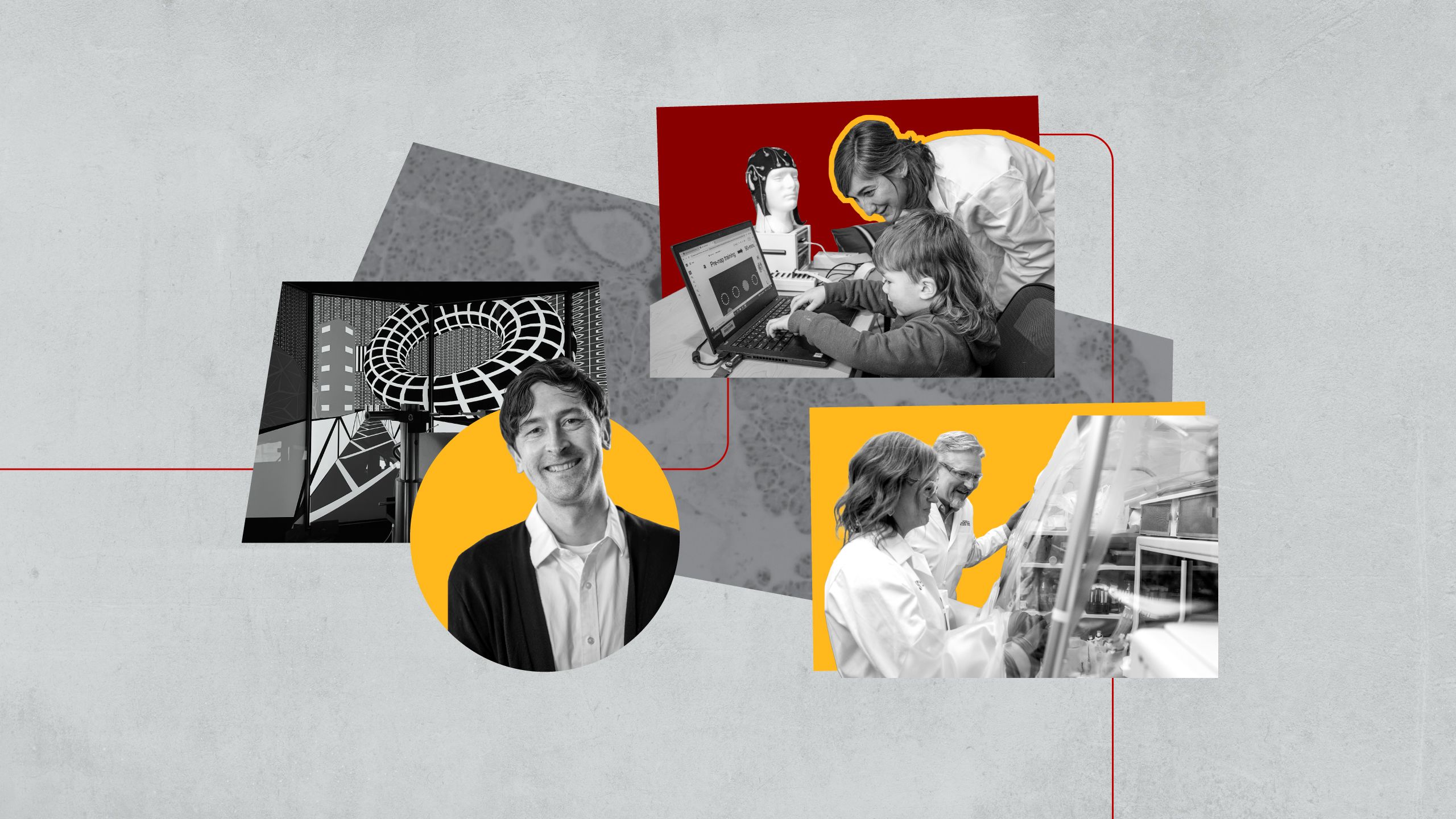 Collage showing people collaborating with technology in different settings, including doing a sleep related test at a computer, working with digital displays, and reviewing materials in a lab environment.