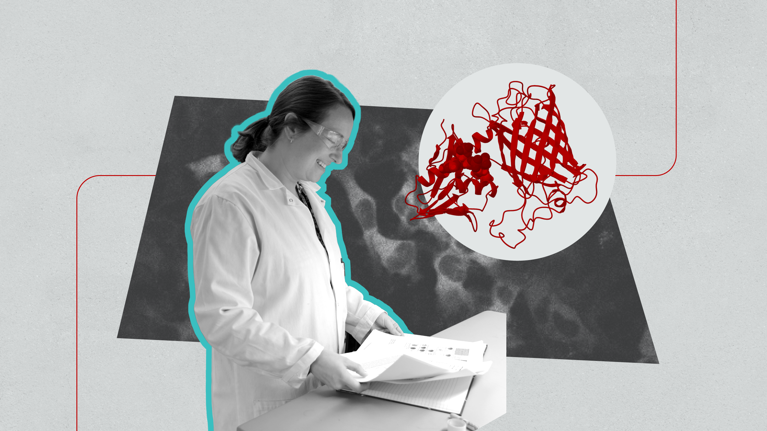 Katharine Diehl reviewing printed data at a lab bench with visualization of a acetyl-CoA molecule. presenting analysis and interpretation of research results.
