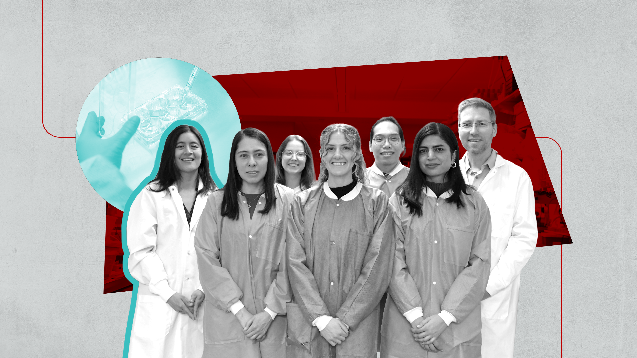 A group of laboratory scientists from Mei Koh's lab, wearing protective gowns, standing together for a team photo, with collage images of a lab setting and lab equipment in the background.