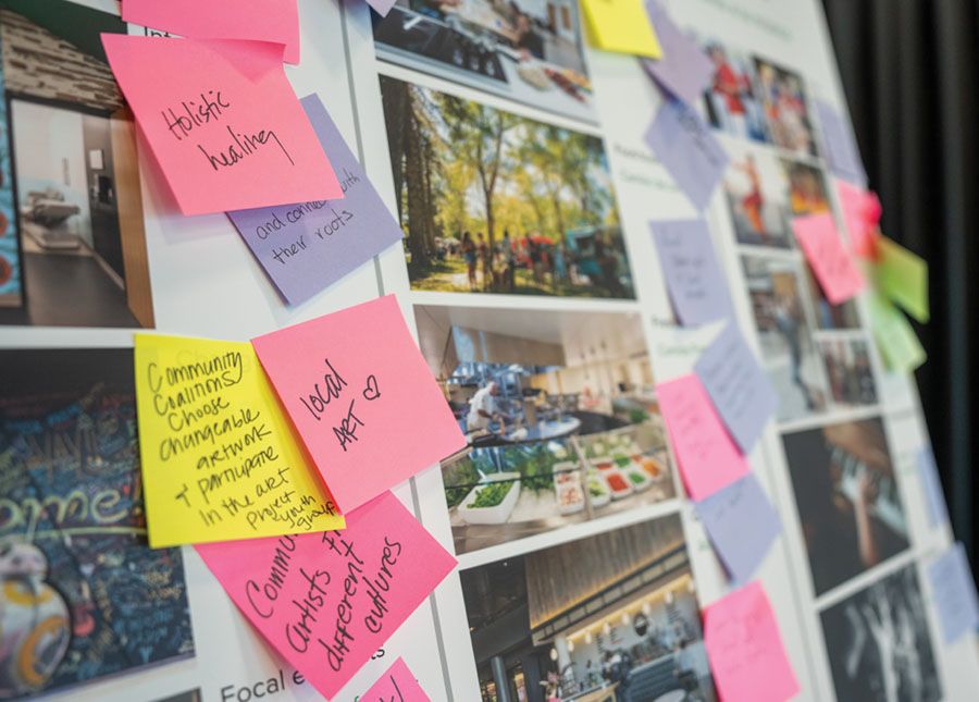 Brightly-colored PostIt notes affixed to easels filled with photographs and ideas.