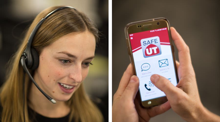 A SafeUT therapist in the call center; a texter uses the SafeUT app on their phone.